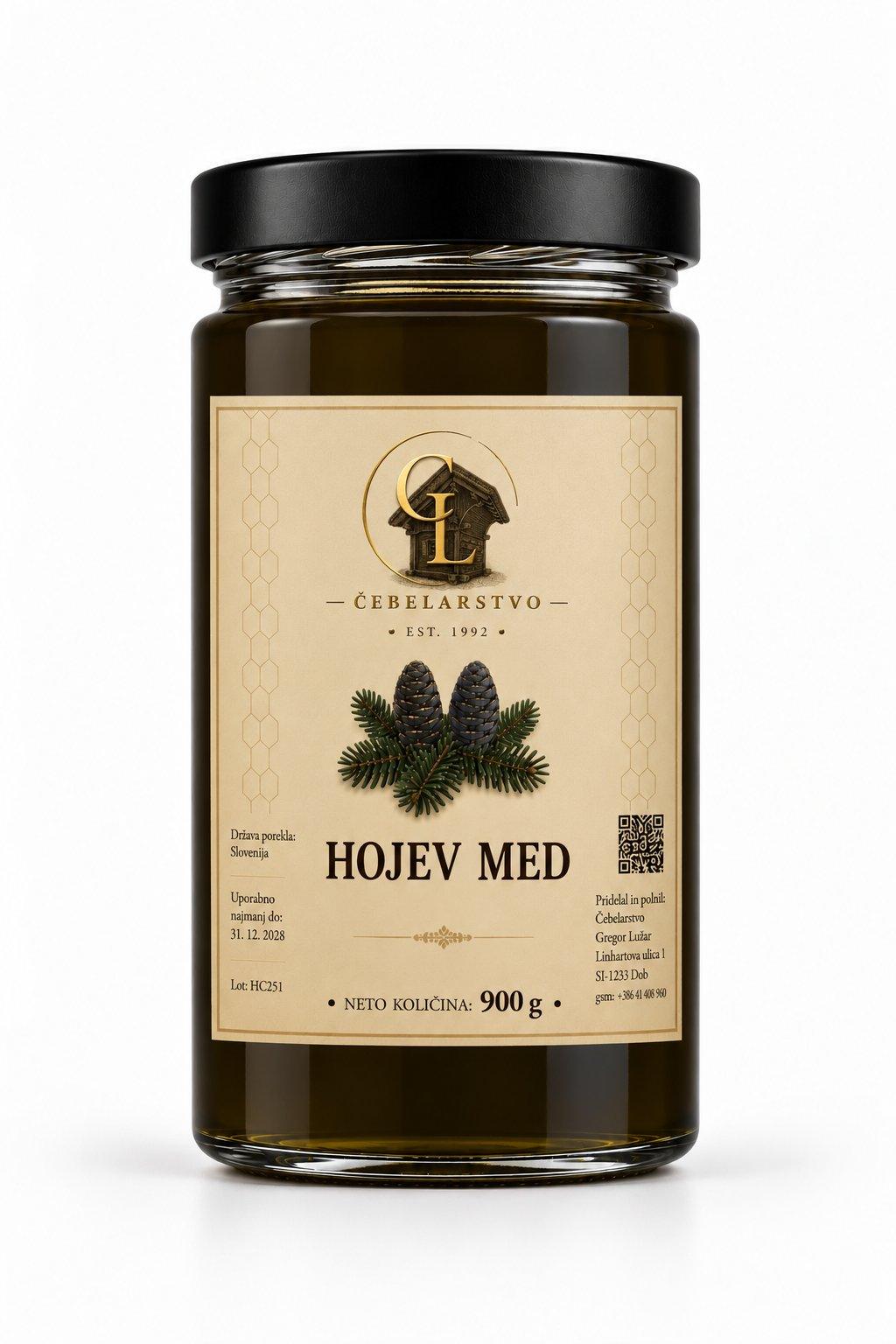 Kozarec hojevega medu z etiketo Čebelarstvo Lužar